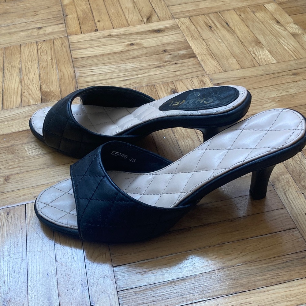 CHANEL Black Quilted Open-Toe Mid-Heel Mules